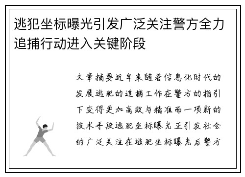 逃犯坐标曝光引发广泛关注警方全力追捕行动进入关键阶段