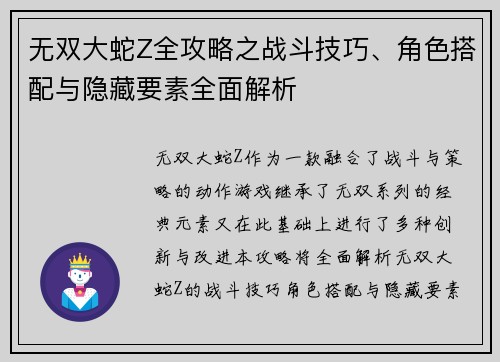 无双大蛇Z全攻略之战斗技巧、角色搭配与隐藏要素全面解析
