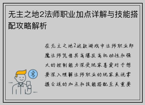 无主之地2法师职业加点详解与技能搭配攻略解析
