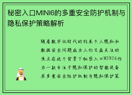 秘密入口MINI6的多重安全防护机制与隐私保护策略解析 秘密入口MINI6的多重安全防护机制与隐私保护策略解析